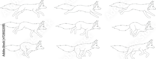 Set of frames for animating a running fox line art style isolated on white background. Illustration brings the charm of nature to life through the artful depiction of the movement