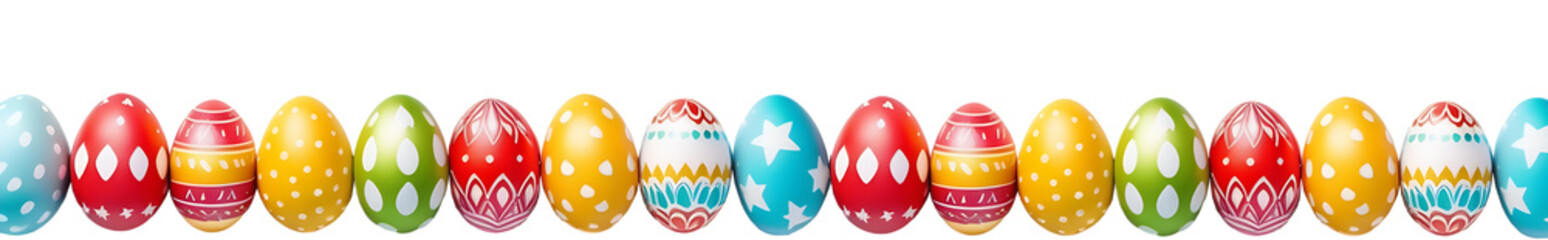 Colorful Easter eggs border, decorative edge, isolated on white background, transparent png