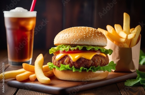 Fast food set (fries, drink, burger) on wooden background. Generated AI