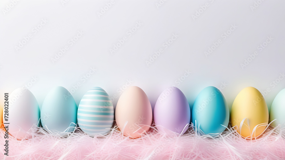 Fototapeta premium Delicate pastel-colored Easter eggs border on spring holiday background, banner