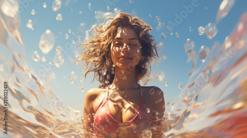 Woman Emerging from Ocean Water Surrounded by Sunlit Bubbles