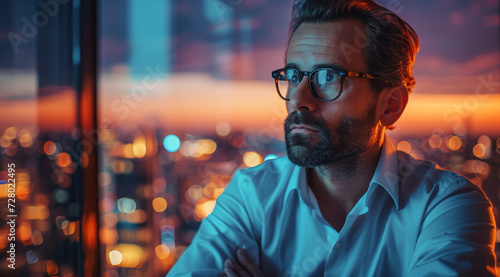 Contemplative Businessman Overlooking City at Dusk. Thoughtful businessman in office attire looking out over the city skyline during evening hours.