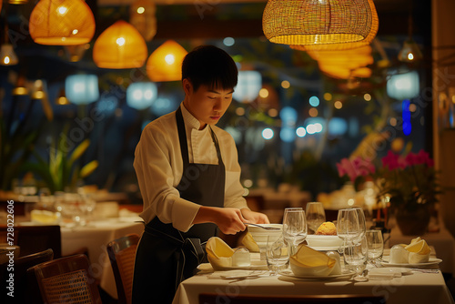 Attentive Waiter Arranging Fine Dining Table in Ambient Restaurant
