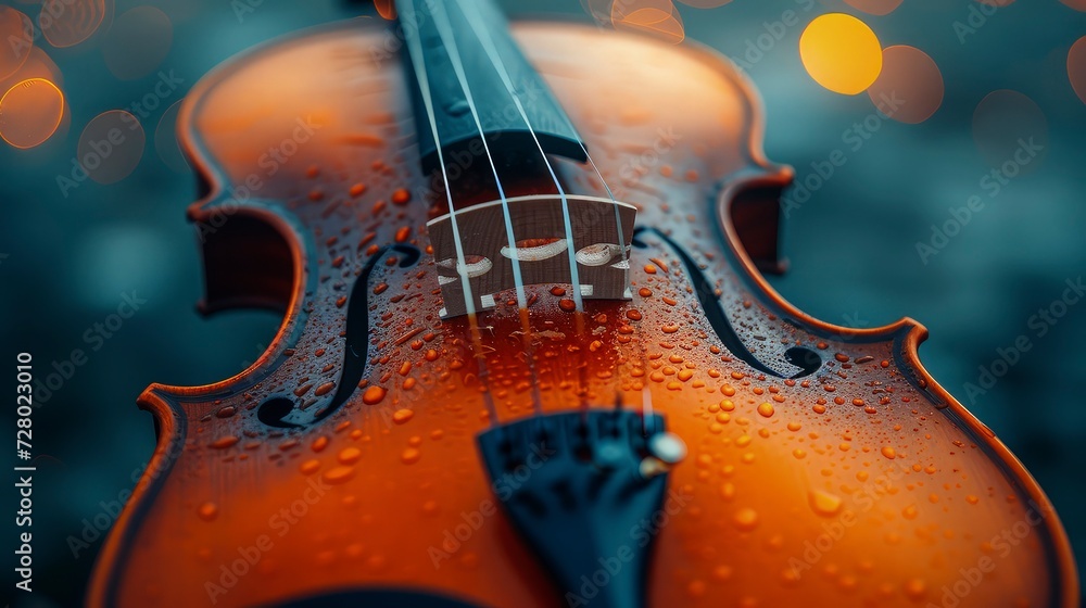 Close-up violin with raindrops. Spirit of National Music Day. Close-up violin with raindrops. Spirit of National Music Day.