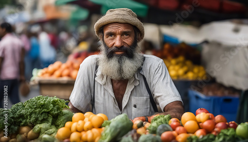 Street vendor of vegetables and fruits. An elderly Latino man with a gray beard. AI generated
