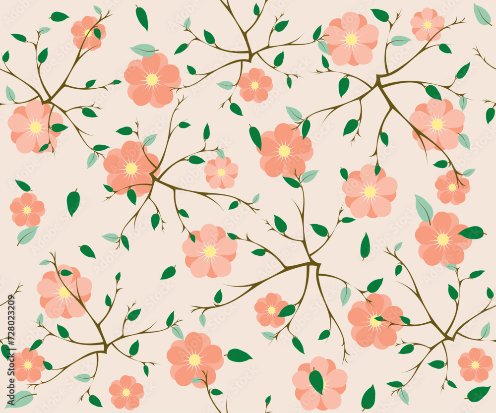 A delicate seamless pattern with flowering branches on a light colored background. Vector illustration for wallpaper, fabric, postcard design in vintage style