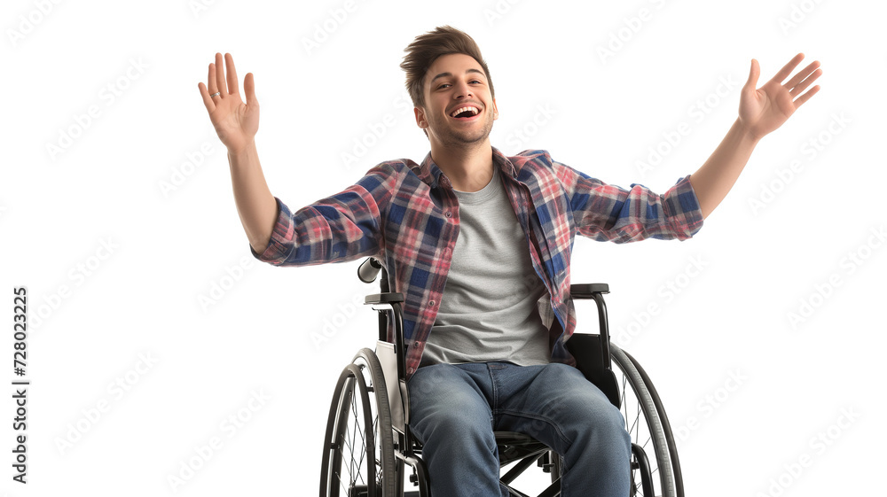 Happy man in wheelchair isolated on white backdrop Happy man in wheelchair isolated on white backdrop