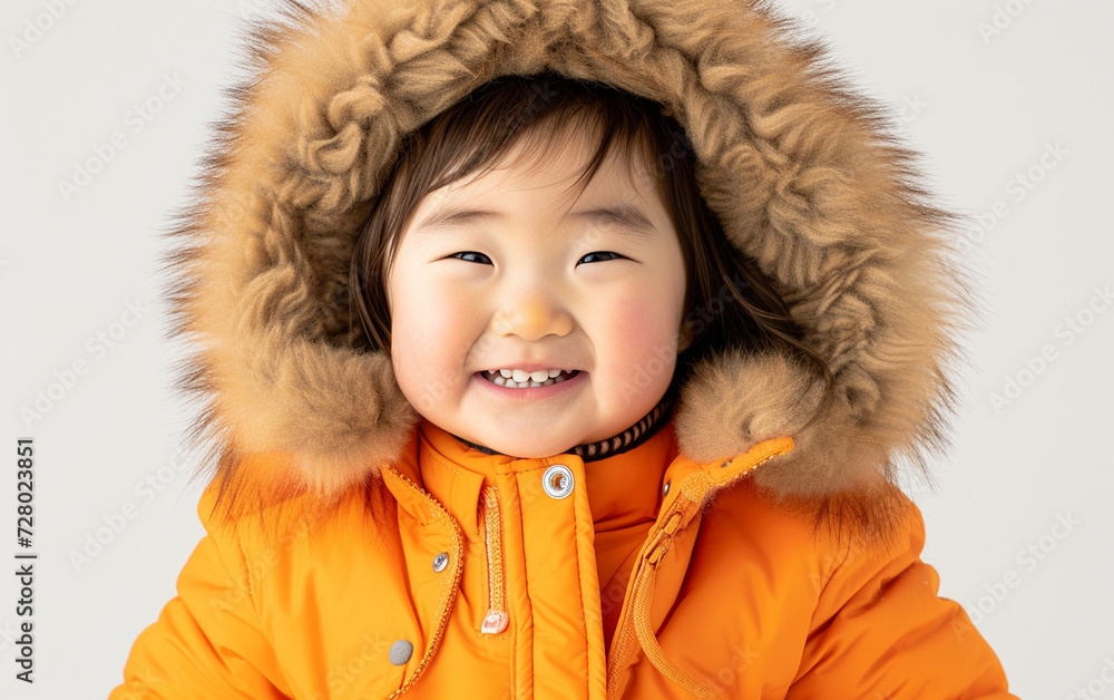 Multiracial Little Girl Wearing Bright Orange Coat and Furry Hood Multiracial Little Girl Wearing Bright Orange Coat and Furry Hood