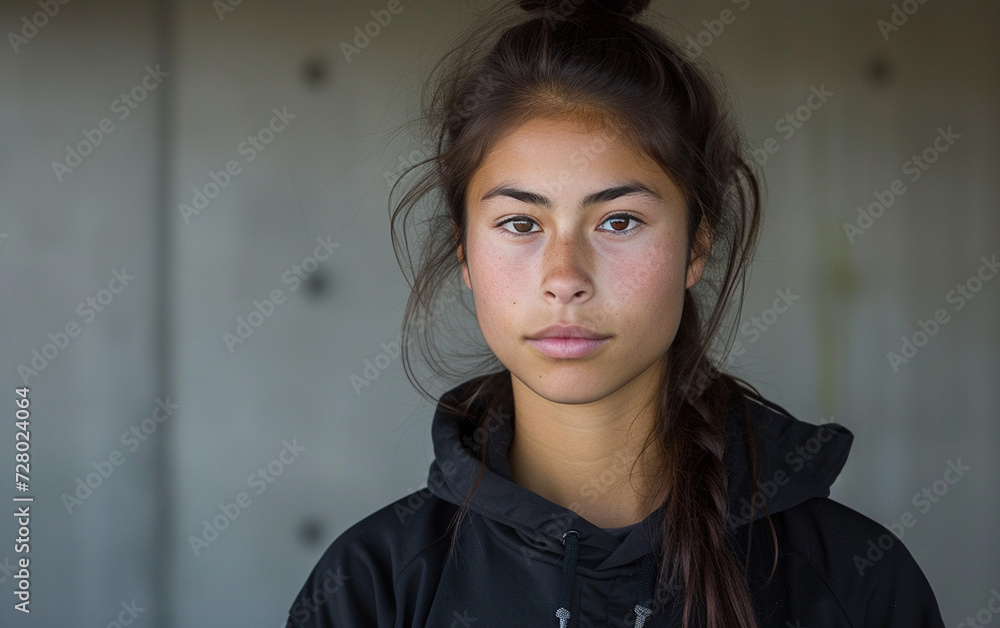 Young Woman With Ponytail Standing in Front of Wall Young Woman With Ponytail Standing in Front of Wall
