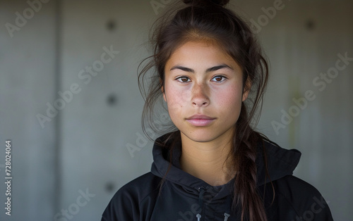 Young Woman With Ponytail Standing in Front of Wall © JO BLA CO