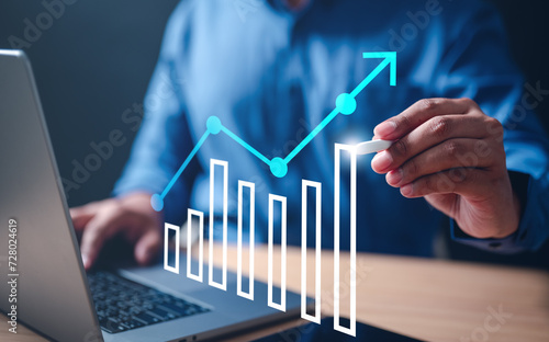 bar, business, chart, finance, graph, financial, growth, increase, investment, profit. business growth, progress, or success concept. Businessman is drawing a growing stock bar chart via pen.