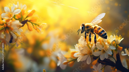 Honeyebee Pollinating Vibrant Orange Blossoms with Sunlight Flare