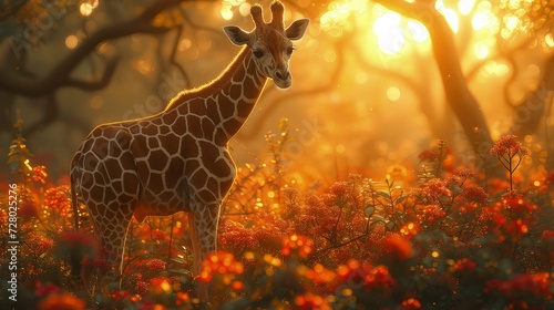 Giraffe in flower garden in forest. World Wildlife Day