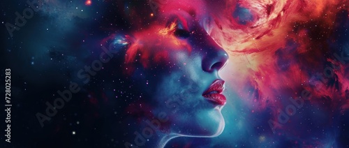 Woman's Face in a Stellar Space, space filled with countless shining stars, meditation concept