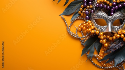 Golden Masquerade Masks and Tropical Leaves on Orange Background