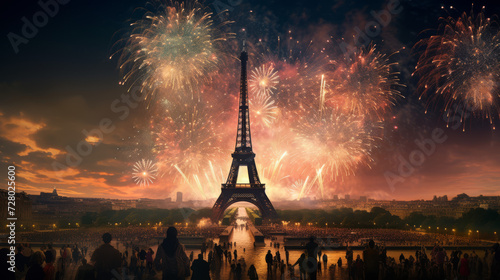 Fireworks Display Over the Eiffel Tower in Paris at Twilight