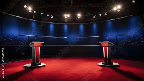 Political talk show studio. Pre-election debate stands in TV studio