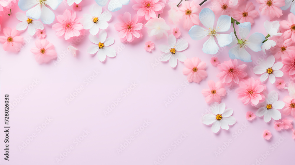 Soft pink flowers on a light background. Spring background, flowers, top view with copy space. Natural background
