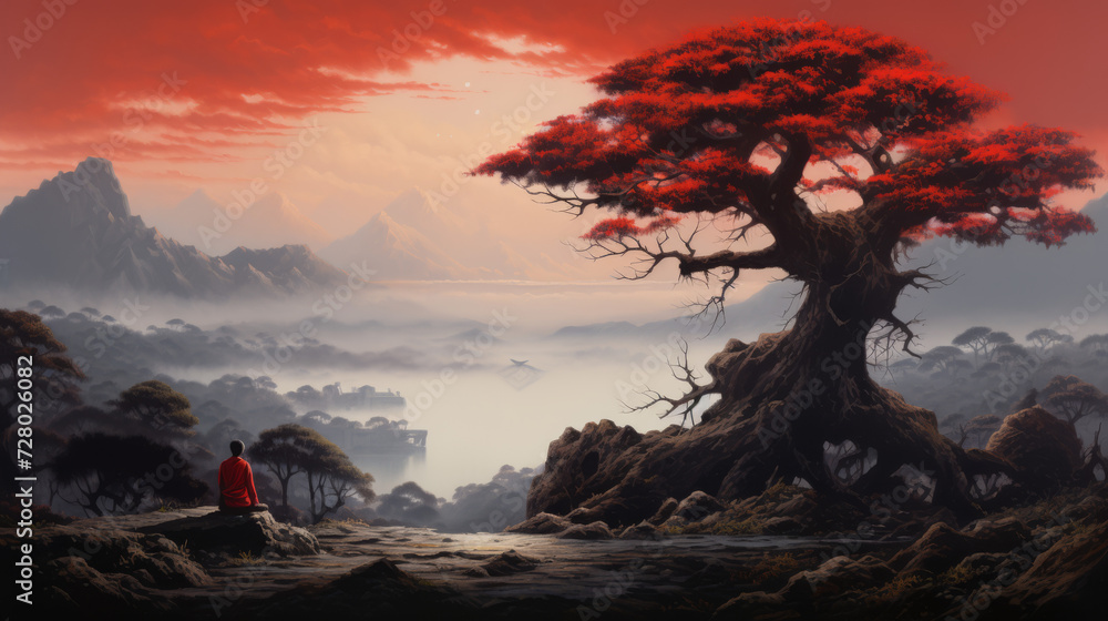 Figure Meditating on a Cliff Overlooking a Misty Mountainous Landscape with Red Foliage
