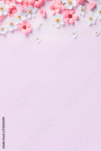 Soft pink flowers on a light background. Spring background, flowers, top view with copy space. Natural background