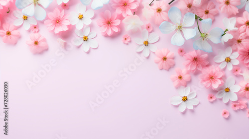 Soft pink flowers on a light background. Spring background, flowers, top view with copy space. Natural background © Mariia