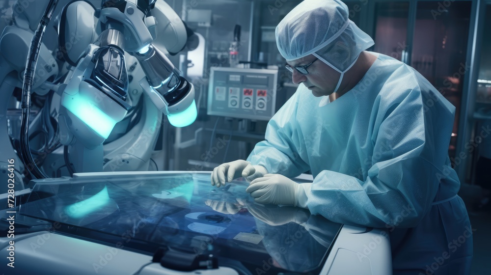 Robot and doctor performing surgery under the control of AI algorithms Robot and doctor performing surgery under the control of AI algorithms