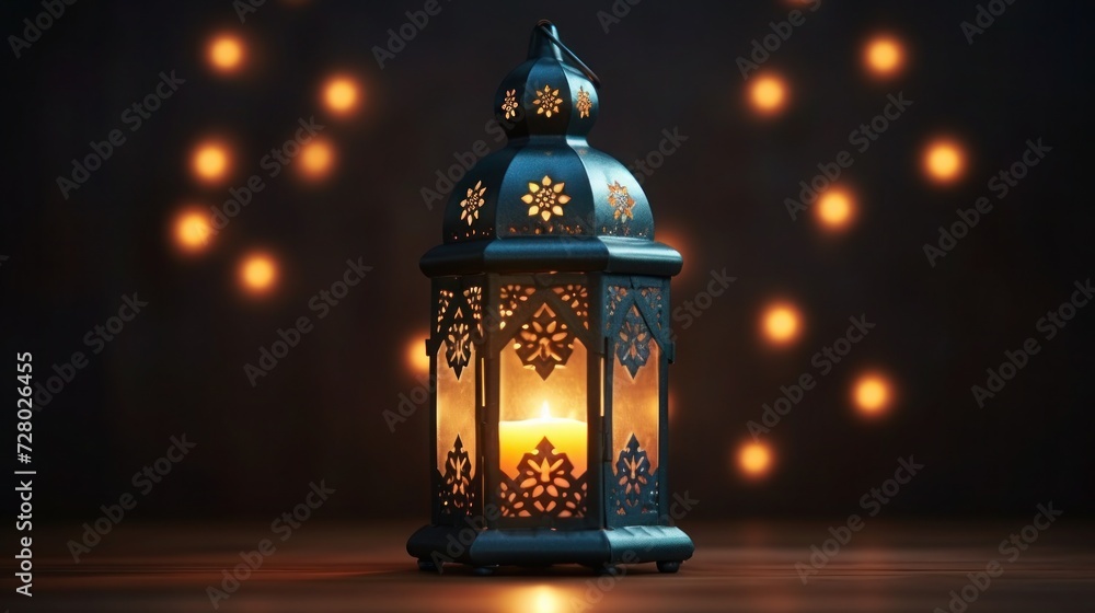 Ornamental Eastern Lantern with burning candle on bokeh lights background, Festive greeting card, invitation for Muslim holy month Ramadan Kareem Ornamental Eastern Lantern with burning candle on bokeh lights background, Festive greeting card, invitation for Muslim holy month Ramadan Kareem