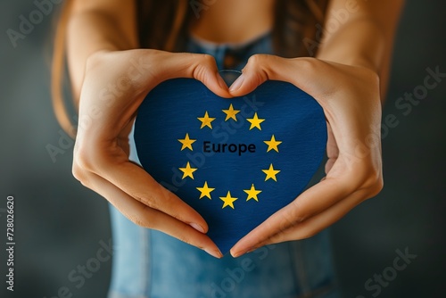 flag of the European Union in the hands of a girl forming a heart on Europe Day