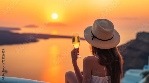 Woman in Hat Holding a Glass of Wine and looking the sea sunset, Greek island vacation vibes