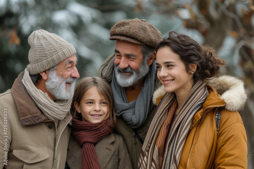 Portrait of a multigenerational family, with a mother, grandfather, father, and young daughter sharing a tender moment, wrapped in warm clothes against a soft autumn backdrop Portrait of a multigenerational family, with a mother, grandfather, father, and young daughter sharing a tender moment, wrapped in warm clothes against a soft autumn backdrop