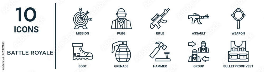 battle royale outline icon set such as thin line mission, rifle, weapon ...