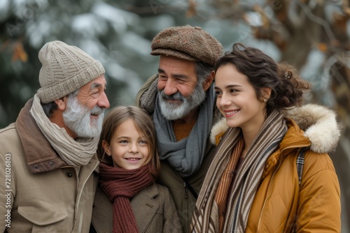 Portrait of a multigenerational family  with a mother  grandfather  father  and young daughter sharing a tender moment  wrapped in warm clothes against a soft autumn backdrop
