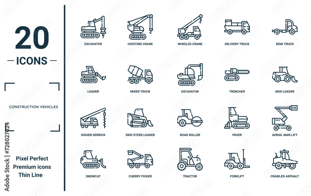 construction vehicles linear icon set. includes thin line excavator ...