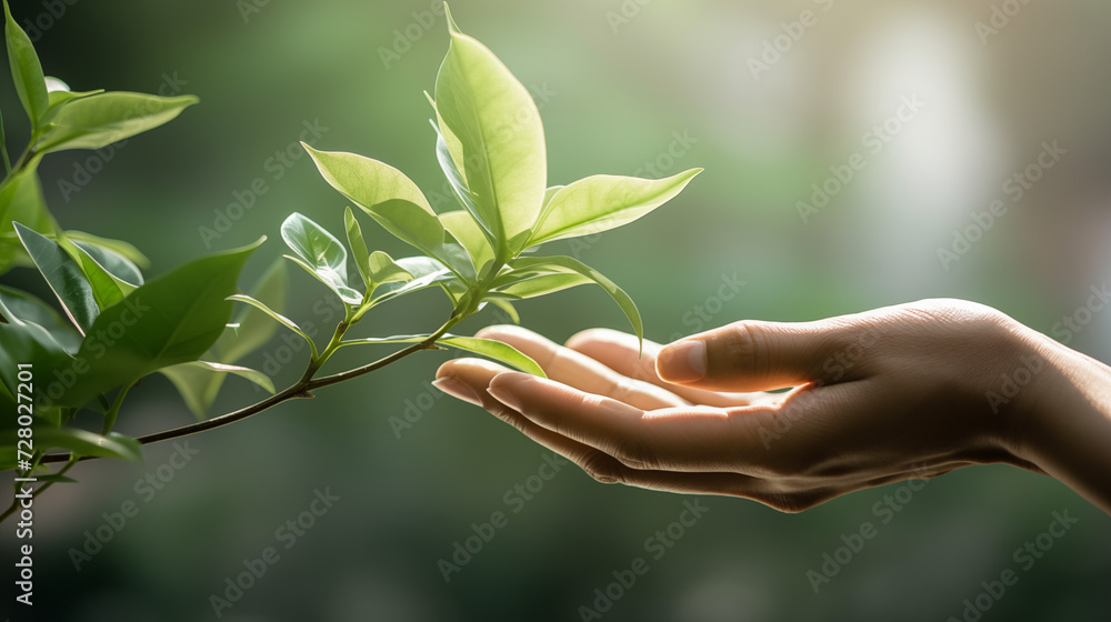 close up picture of a woman hand touching a plant, symbolizing ecology and green tech - obrazy, fototapety, plakaty 