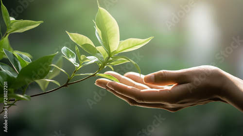 close up picture of a woman hand touching a plant, symbolizing ecology and green tech
