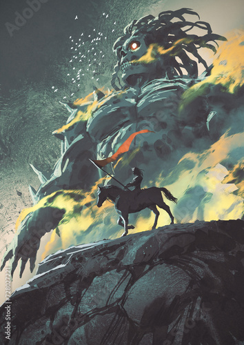 warrior on horseback holds a flag against a giant Titan background., digital art style, illustration painting