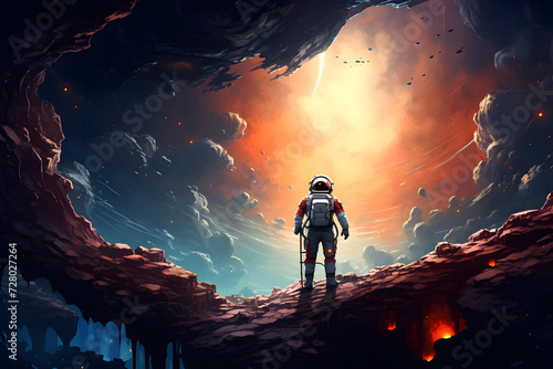 Cartoon illustrated astronaut on a different planet, astronaut traveling space, space exploration
