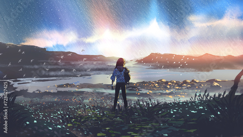 A traveler stands on a meadow against the background of a landscape with meteors shower sky, digital art style style, illustration painting 