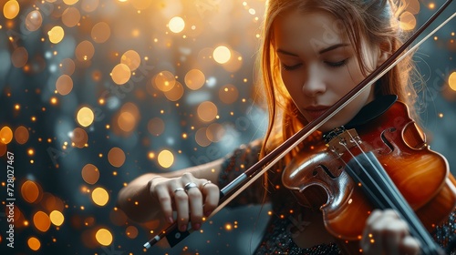 A woman plays the violin with golden light particles. Spirit of National Music Day.