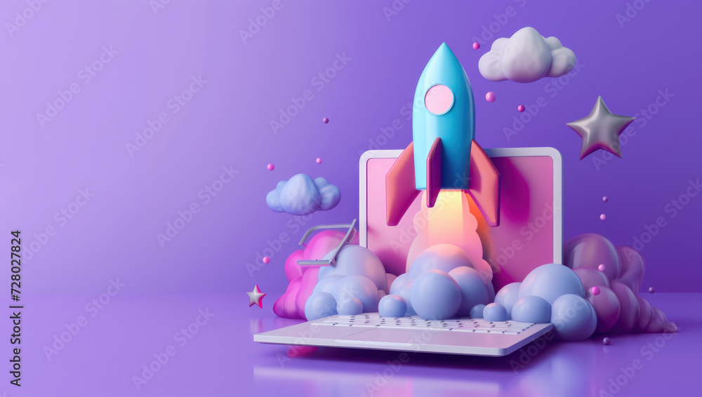 Laptop With Rocket, Business Start Up launch concept Laptop With Rocket, Business Start Up launch concept
