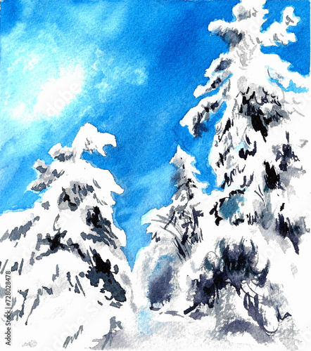 winter forest landscape watercolour hand drawn illustration