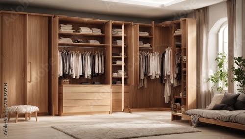 There are shelves  rods  and drawers in this contemporary  minimalist wardrobe. Accessory storage and organization space in the dressing room. luxury walk-in closet interior design  