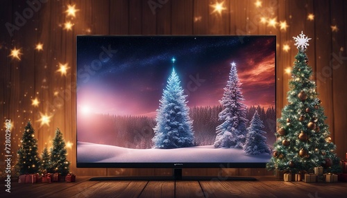 christmas tree in the night highly intricately detailed photograph of Christmas Fir Tree On Wooden Background With Snowflakes on a plasma tv in a modern living room 