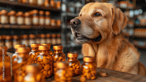 golden retriever facing in a pharmacy, with shelves of medicine bottles in the background photo