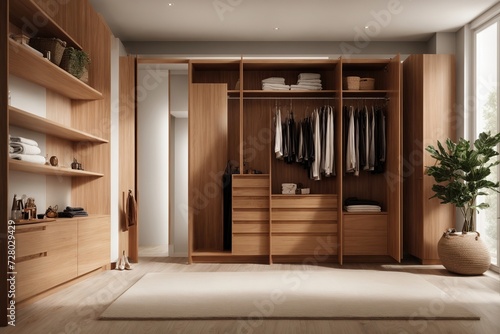 There are shelves  rods  and drawers in this contemporary  minimalist wardrobe. Accessory storage and organization space in the dressing room. luxury walk-in closet interior design  