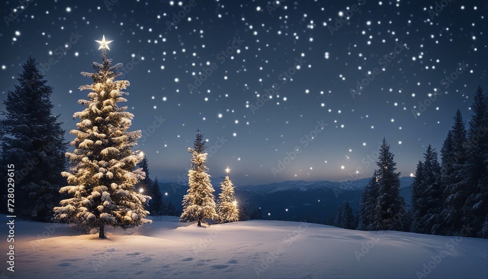 winter landscape with trees and snow Three Christmas trees standing in snow field decorated with white stars, night sky 