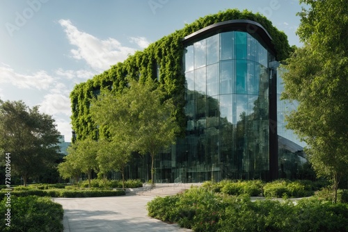 a modern glass building with a lot of green plants trees and bushes for business architecture environmental friendly and eco-concept