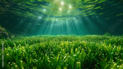 Seagrass view from underwater with sparkling sunlight. World Seagrass Day. photo