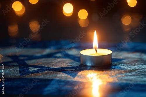 burning candle on the flag of Israel on a dark background photo