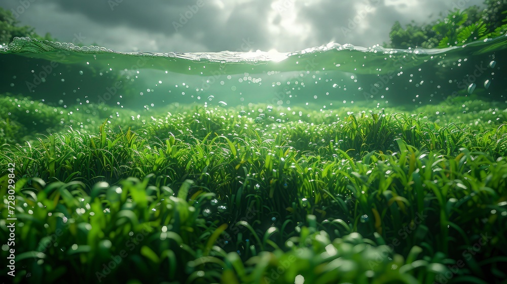 Fototapeta premium Seagrass view from underwater with sparkling sunlight. World Seagrass Day.